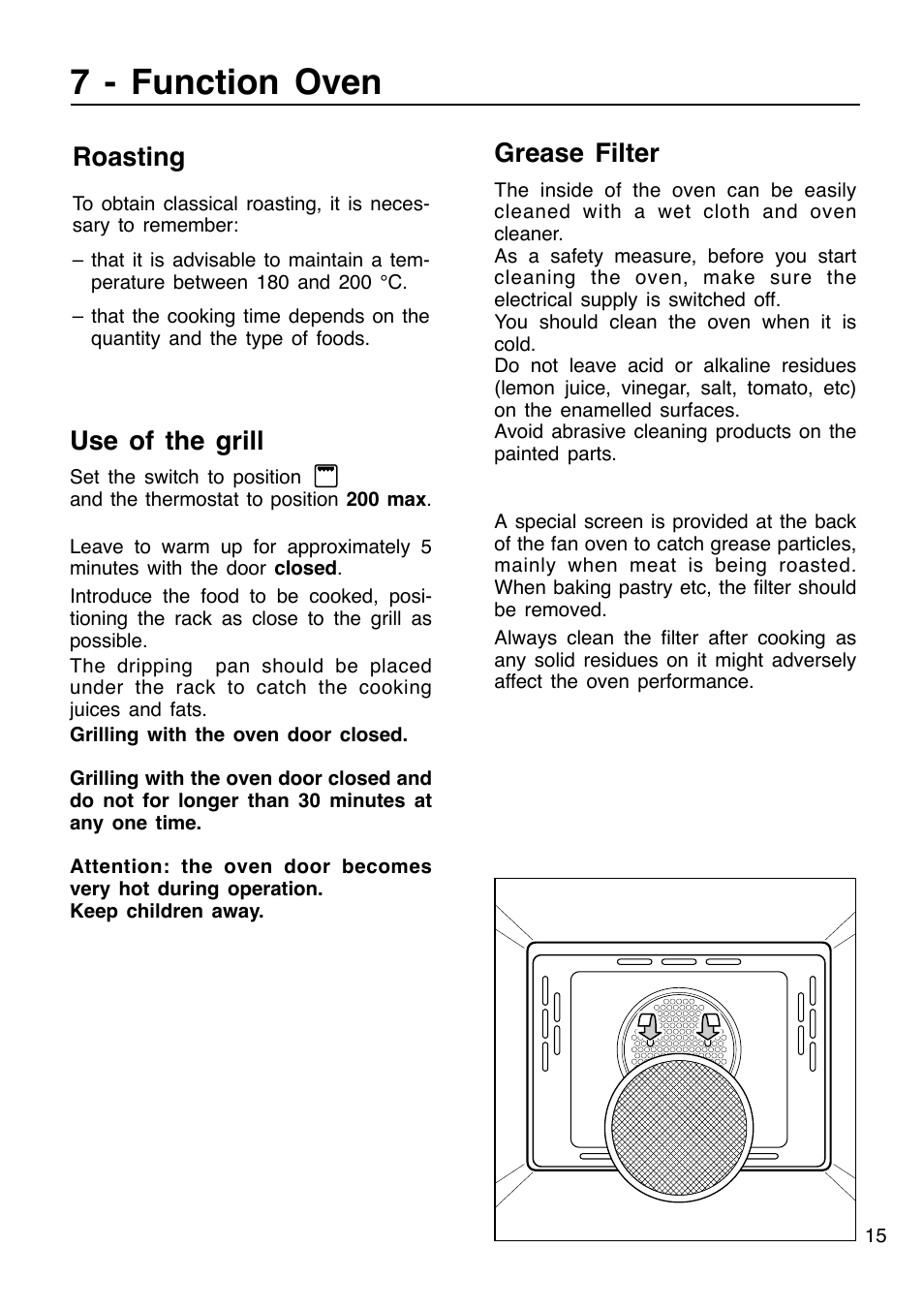 7 - function oven, Grease filter, Use of the grill | Roasting | Caple C201 User Manual | Page 15 / 32