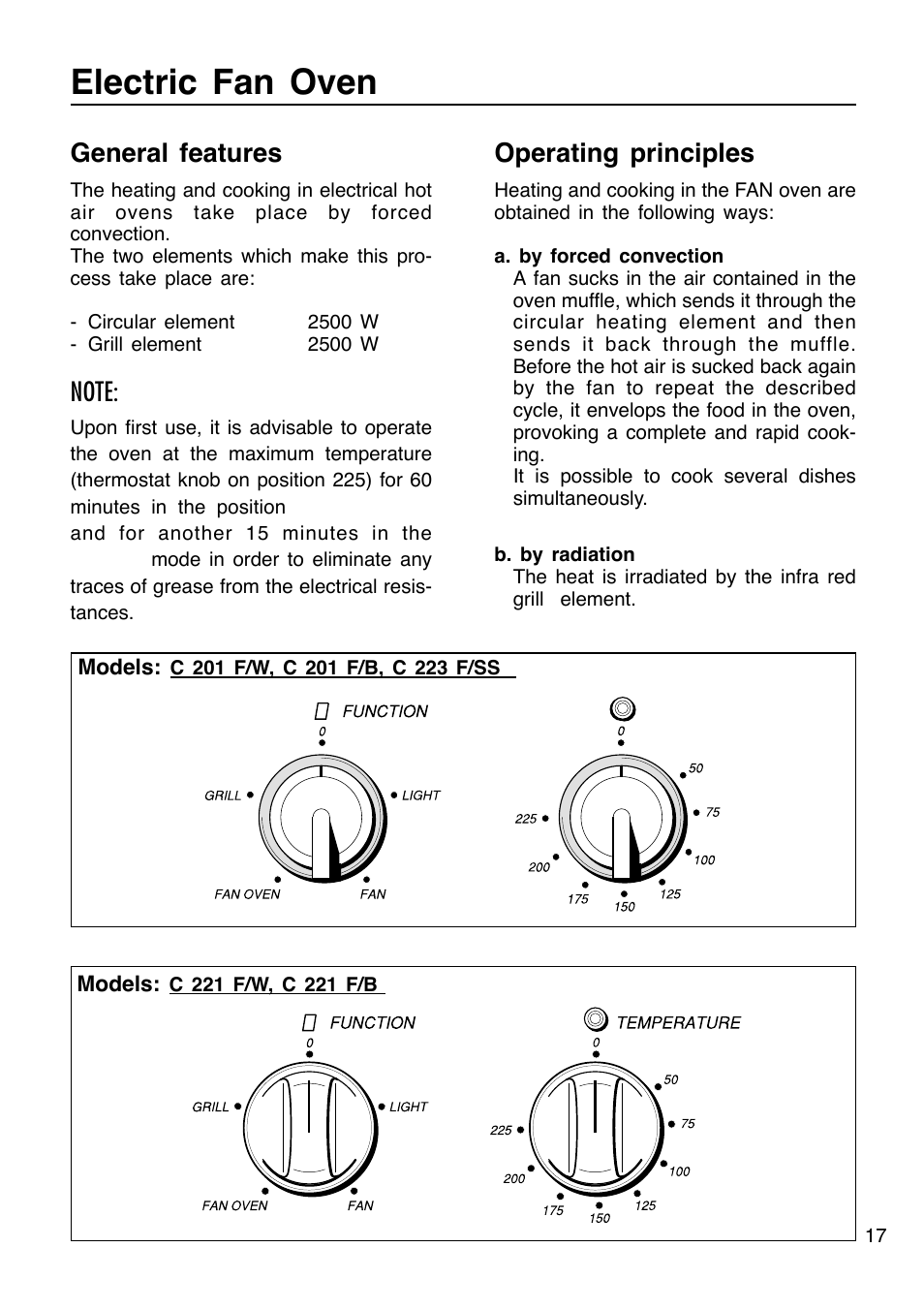 Electric fan oven, Operating principles, General features | Caple C201 User Manual | Page 17 / 32