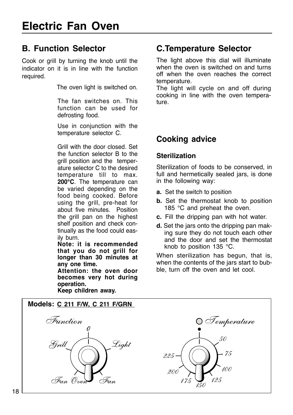 Electric fan oven, B. function selector, Cooking advice | C.temperature selector | Caple C201 User Manual | Page 18 / 32