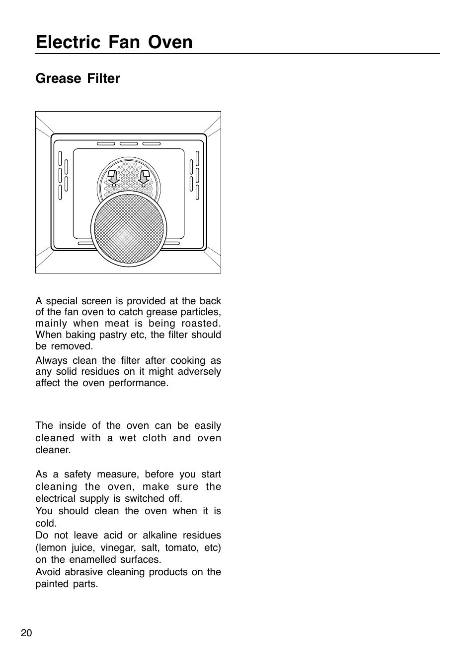 Electric fan oven, Grease filter | Caple C201 User Manual | Page 20 / 32