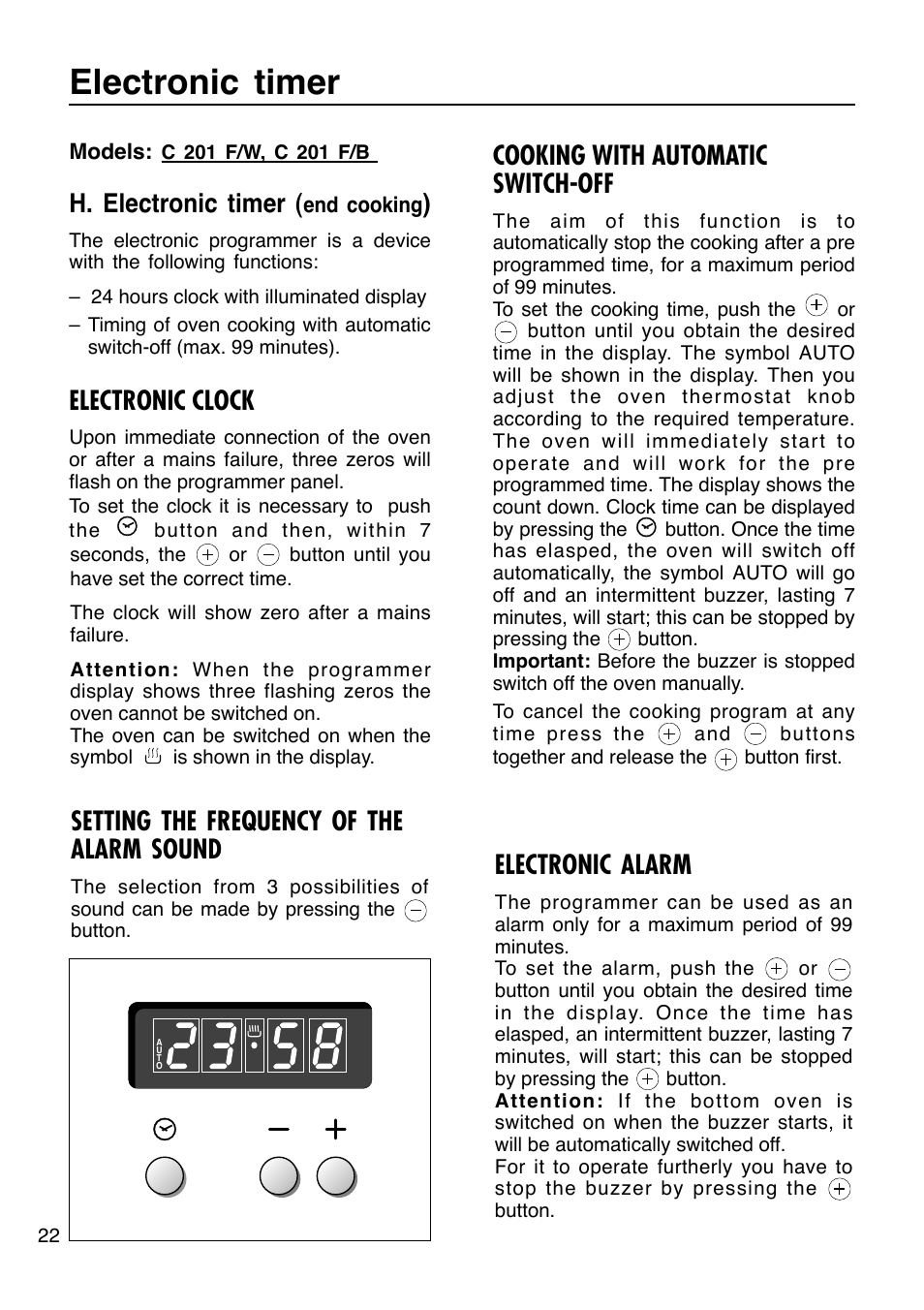 Electronic timer, H. electronic timer, Electronic clock | Setting the frequency of the alarm sound, Cooking with automatic switch-off, Electronic alarm | Caple C201 User Manual | Page 22 / 32