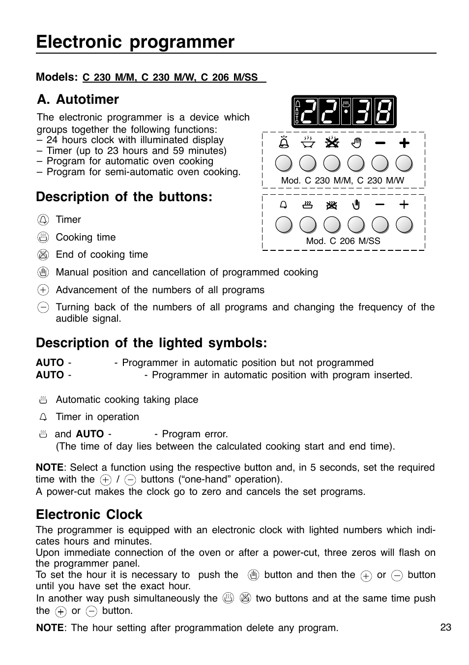 Electronic programmer, A. autotimer, Description of the buttons | Description of the lighted symbols, Electronic clock | Caple C201 User Manual | Page 23 / 32