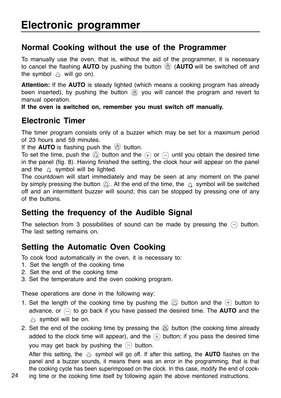 Electronic programmer, Normal cooking without the use of the programmer, Electronic timer | Setting the frequency of the audible signal, Setting the automatic oven cooking | Caple C201 User Manual | Page 24 / 32