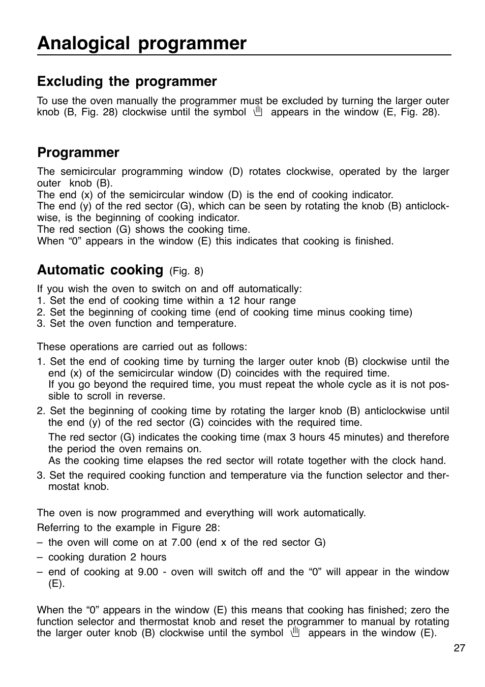 Analogical programmer, Excluding the programmer, Programmer | Automatic cooking | Caple C201 User Manual | Page 27 / 32