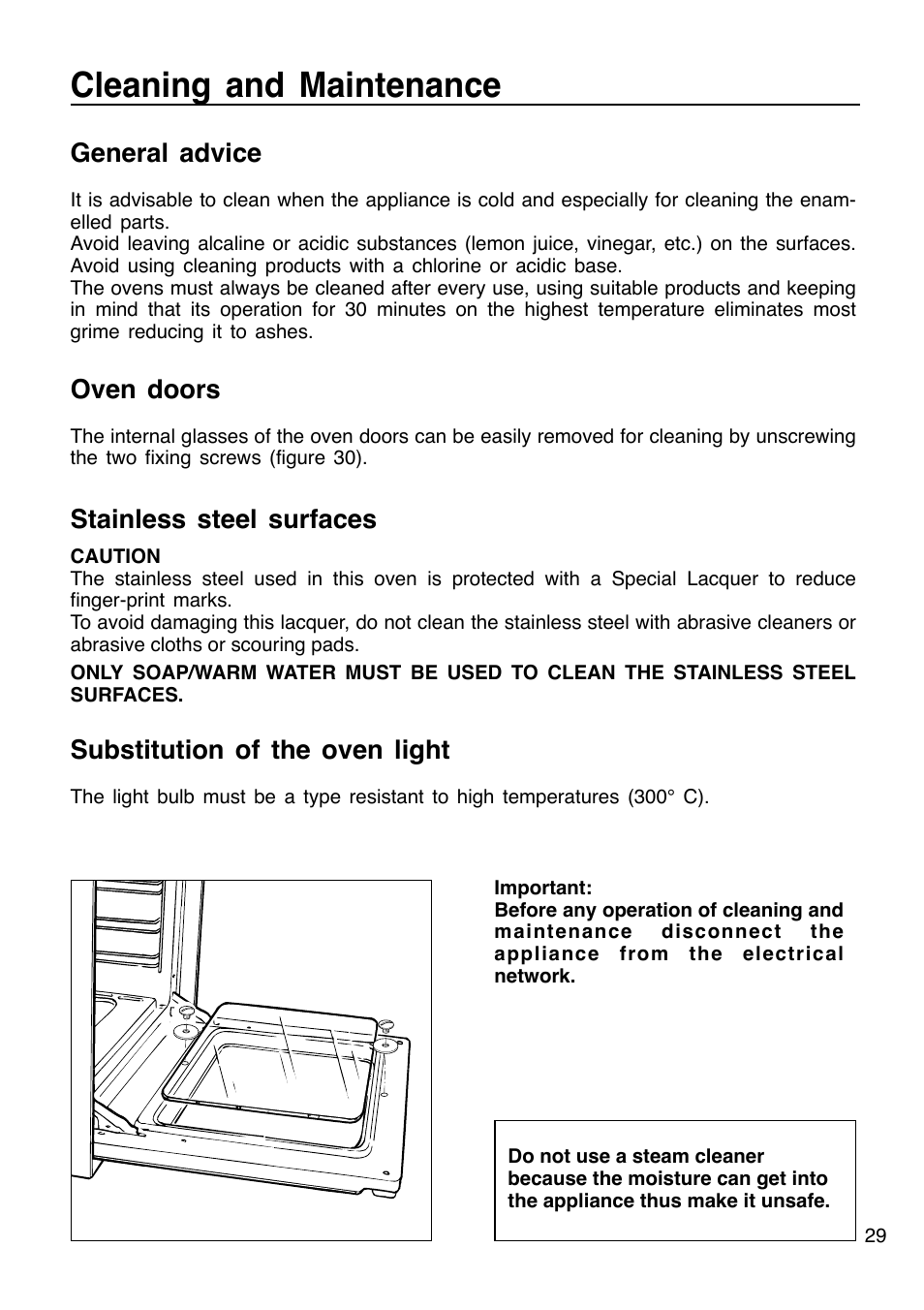 Cleaning and maintenance, Oven doors, Stainless steel surfaces | Substitution of the oven light, General advice | Caple C201 User Manual | Page 29 / 32