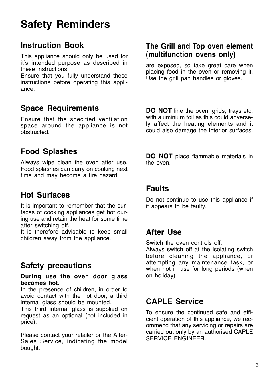 Safety reminders, Faults, After use | Caple service, Instruction book, Space requirements, Food splashes, Hot surfaces, Safety precautions | Caple C201 User Manual | Page 3 / 32