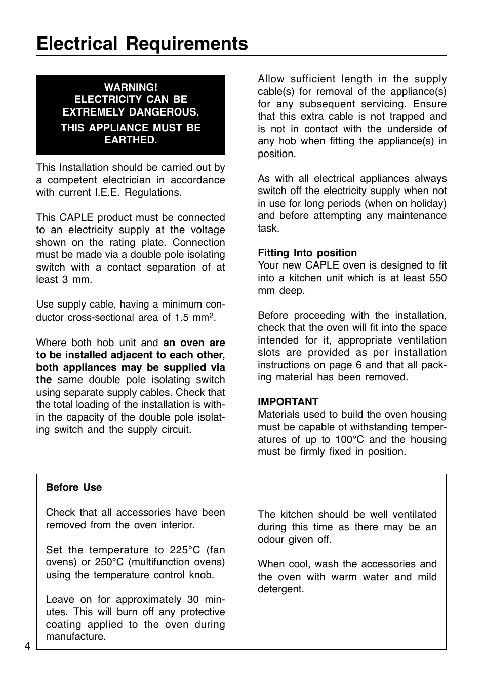 Electrical requirements | Caple C201 User Manual | Page 4 / 32