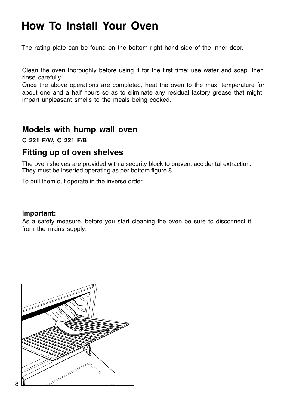 How to install your oven, Models with hump wall oven, Fitting up of oven shelves | Caple C201 User Manual | Page 8 / 32