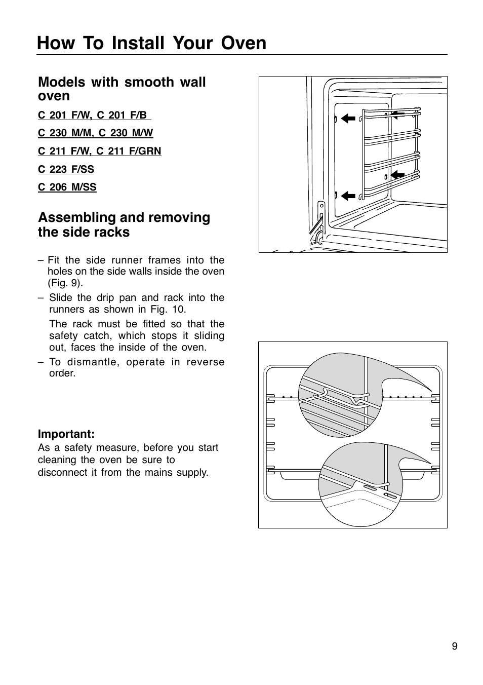 How to install your oven, Models with smooth wall oven, Assembling and removing the side racks | Caple C201 User Manual | Page 9 / 32