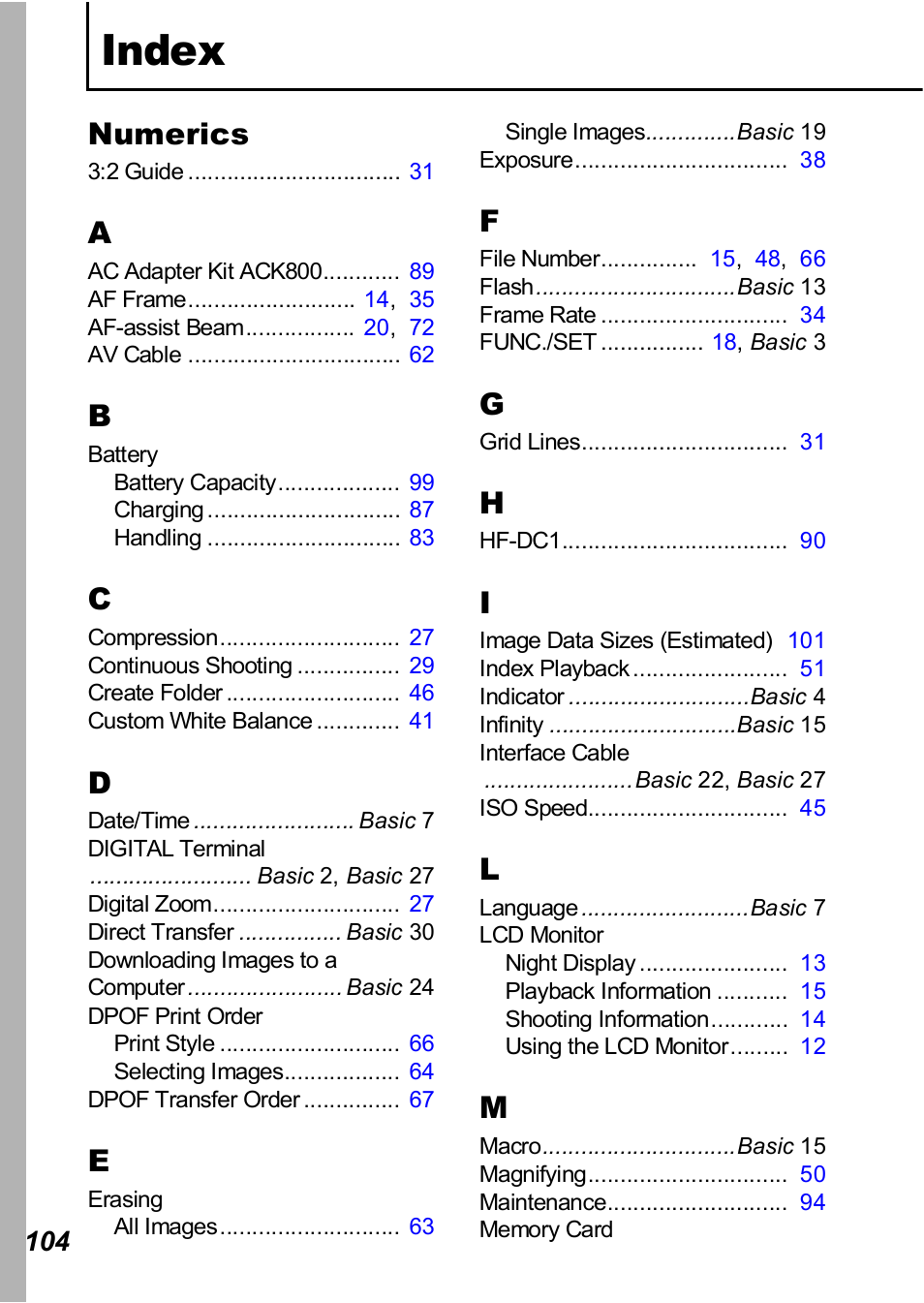 Index, Numerics | Canon A450 User Manual | Page 106 / 112