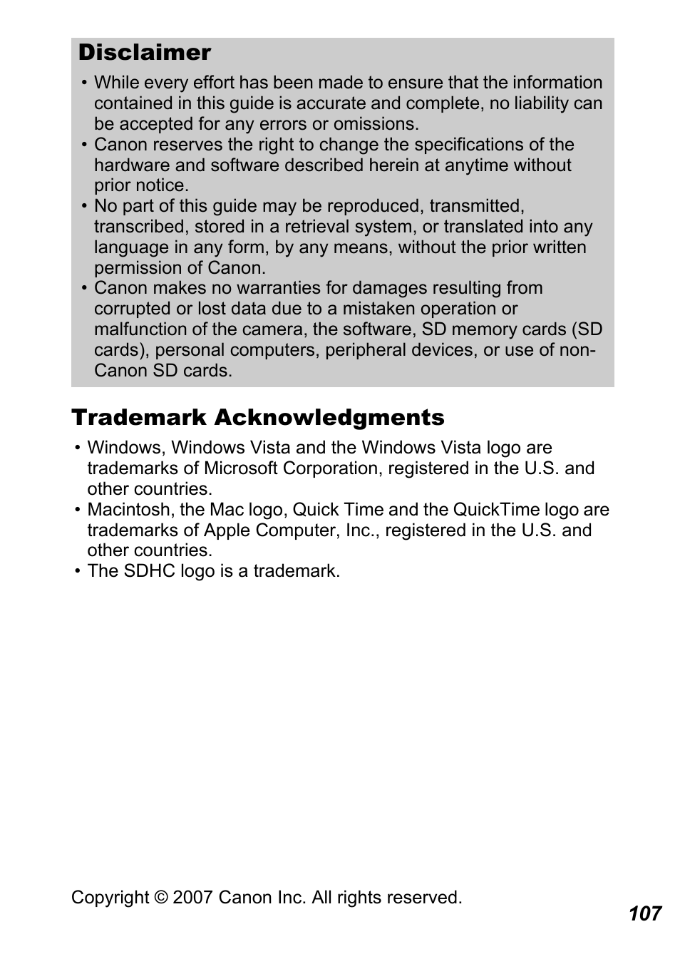 Trademark acknowledgments, Disclaimer | Canon A450 User Manual | Page 109 / 112