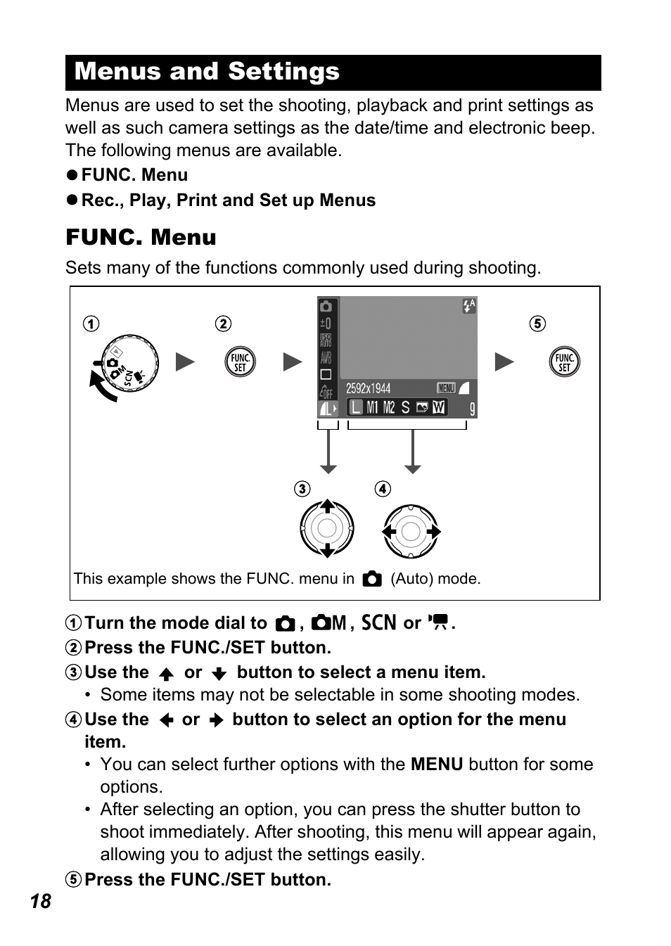 Menus and settings, Func. menu | Canon A450 User Manual | Page 20 / 112