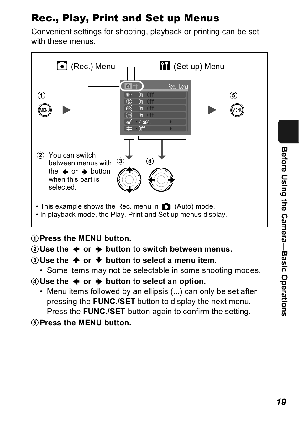 Rec., play, print and set up menus | Canon A450 User Manual | Page 21 / 112