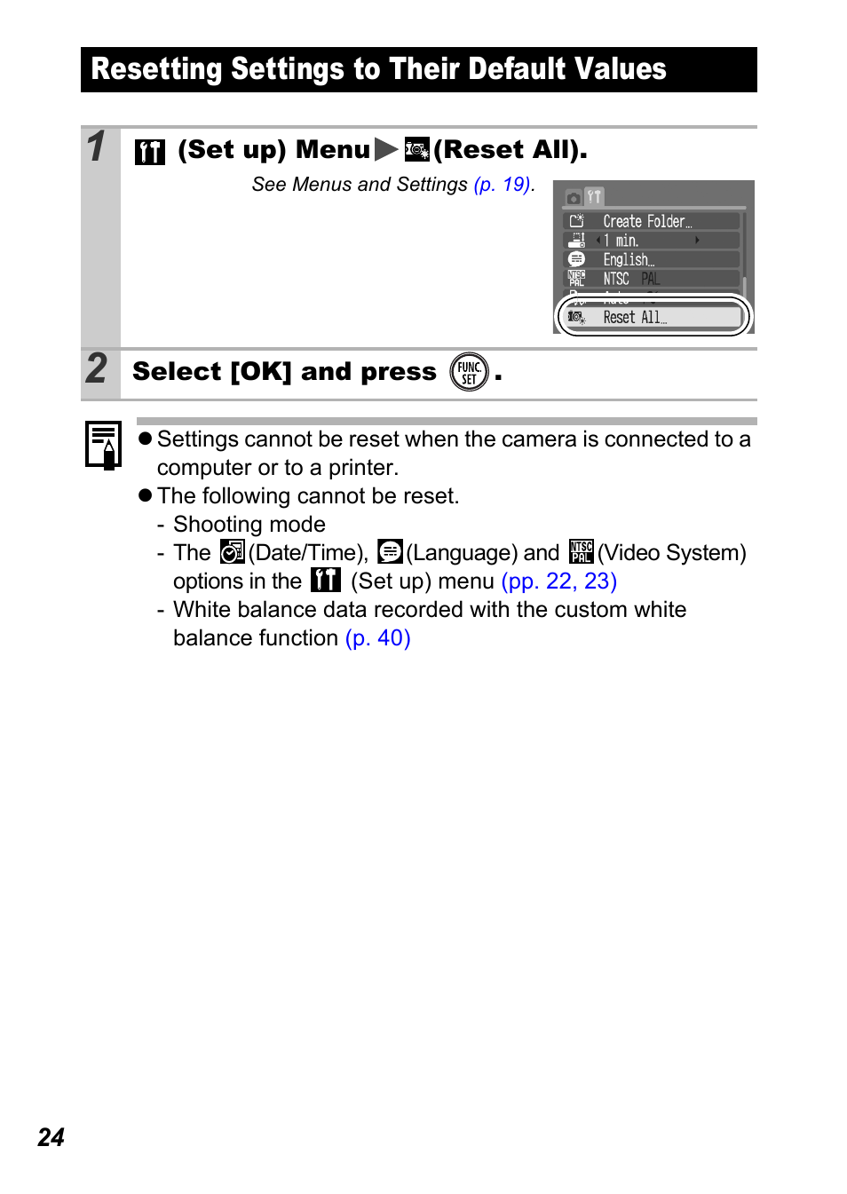 Resetting settings to their default values, P. 24 | Canon A450 User Manual | Page 26 / 112