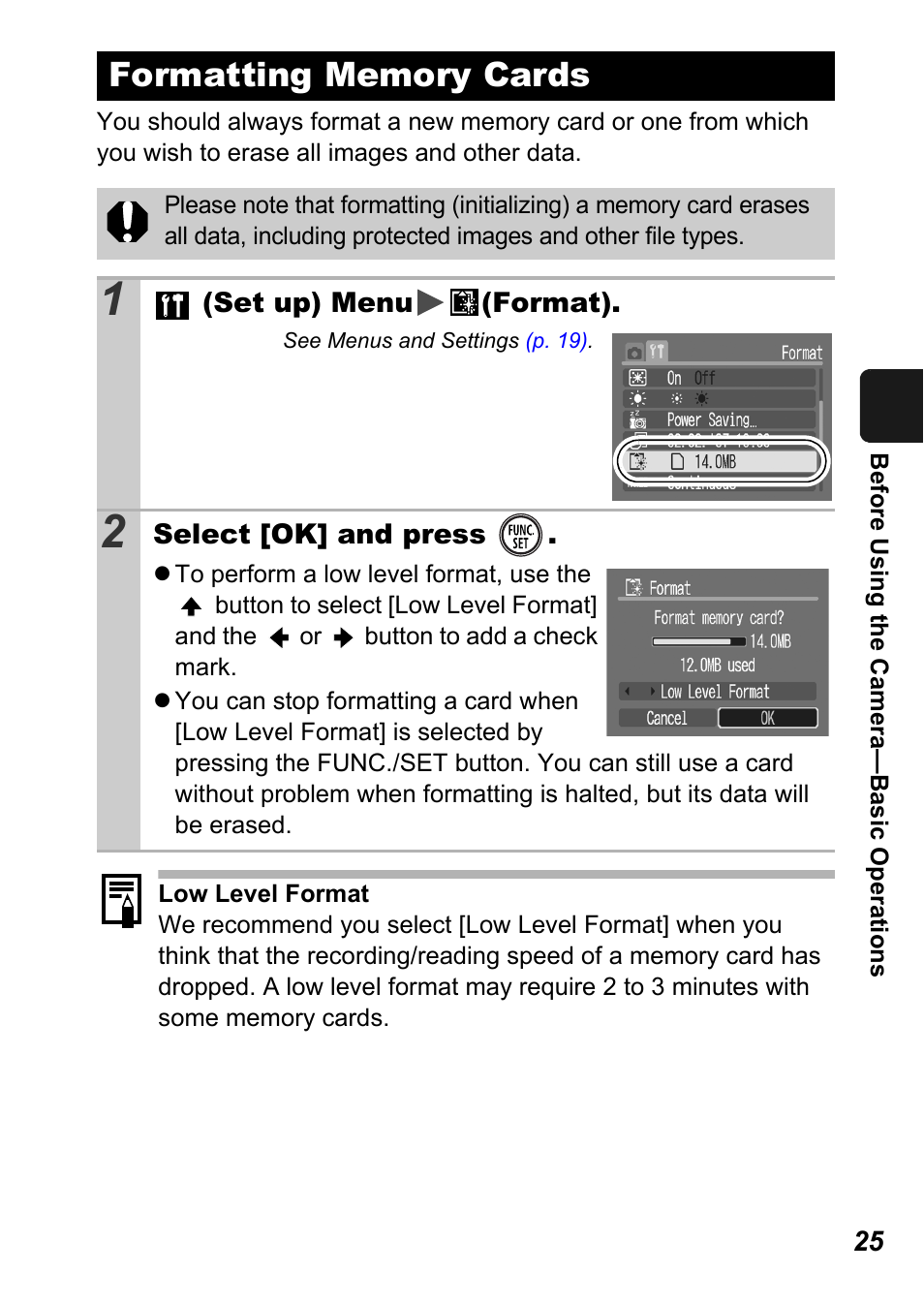 Formatting memory cards, P. 25) | Canon A450 User Manual | Page 27 / 112