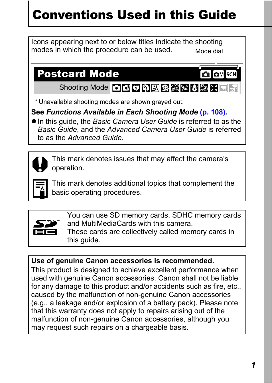 Conventions used in this guide, Postcard mode | Canon A450 User Manual | Page 3 / 112