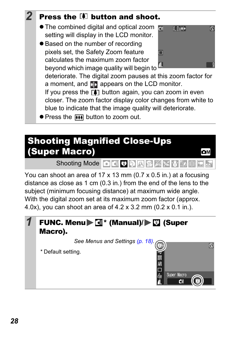 Shooting magnified close-ups (super macro) | Canon A450 User Manual | Page 30 / 112