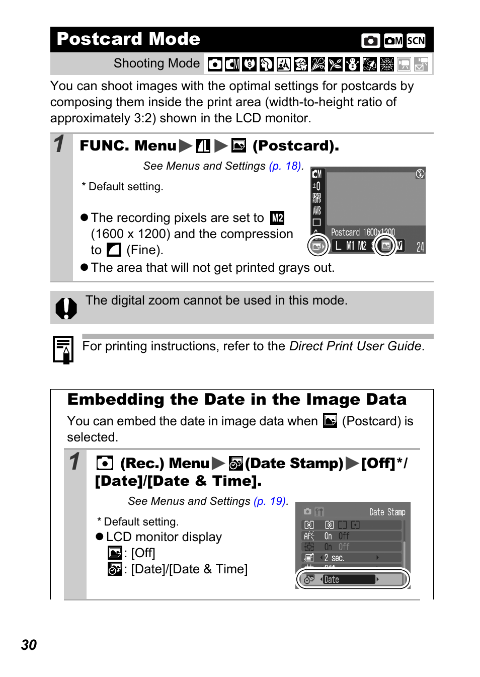 Postcard mode, Embedding the date in the image data, P. 30 | Canon A450 User Manual | Page 32 / 112