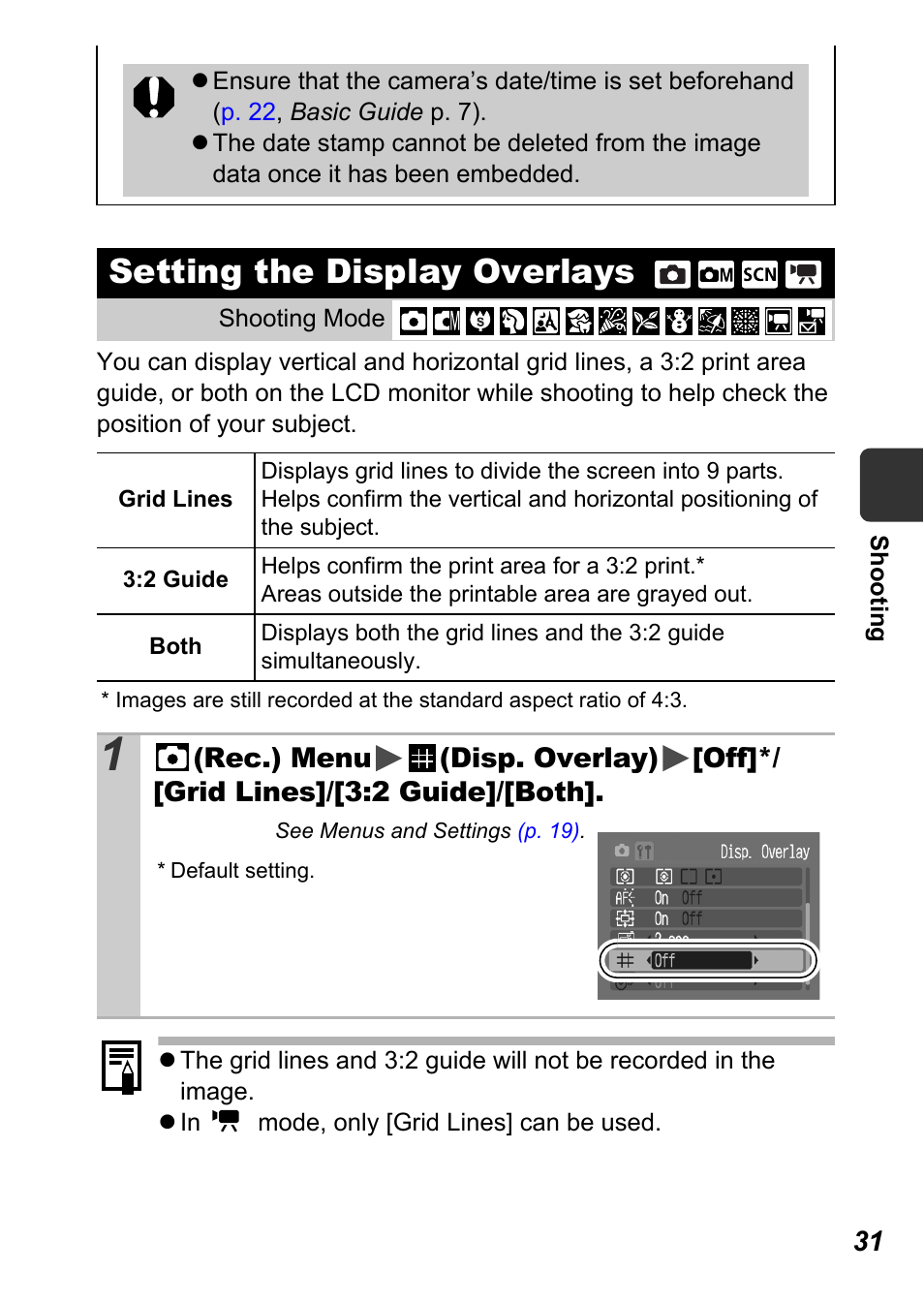 Setting the display overlays, P. 31 | Canon A450 User Manual | Page 33 / 112