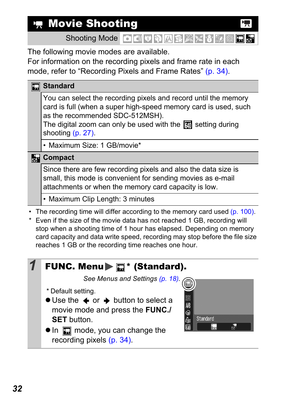 Movie shooting, P. 32), P. 32 | Func. menu * (standard) | Canon A450 User Manual | Page 34 / 112