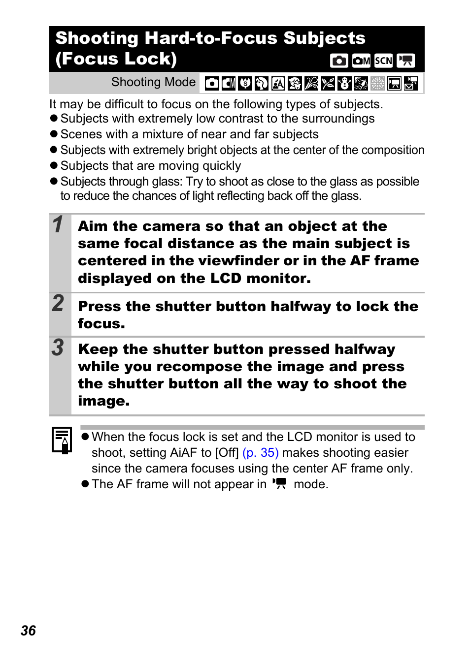 Shooting hard-to-focus subjects (focus lock) | Canon A450 User Manual | Page 38 / 112