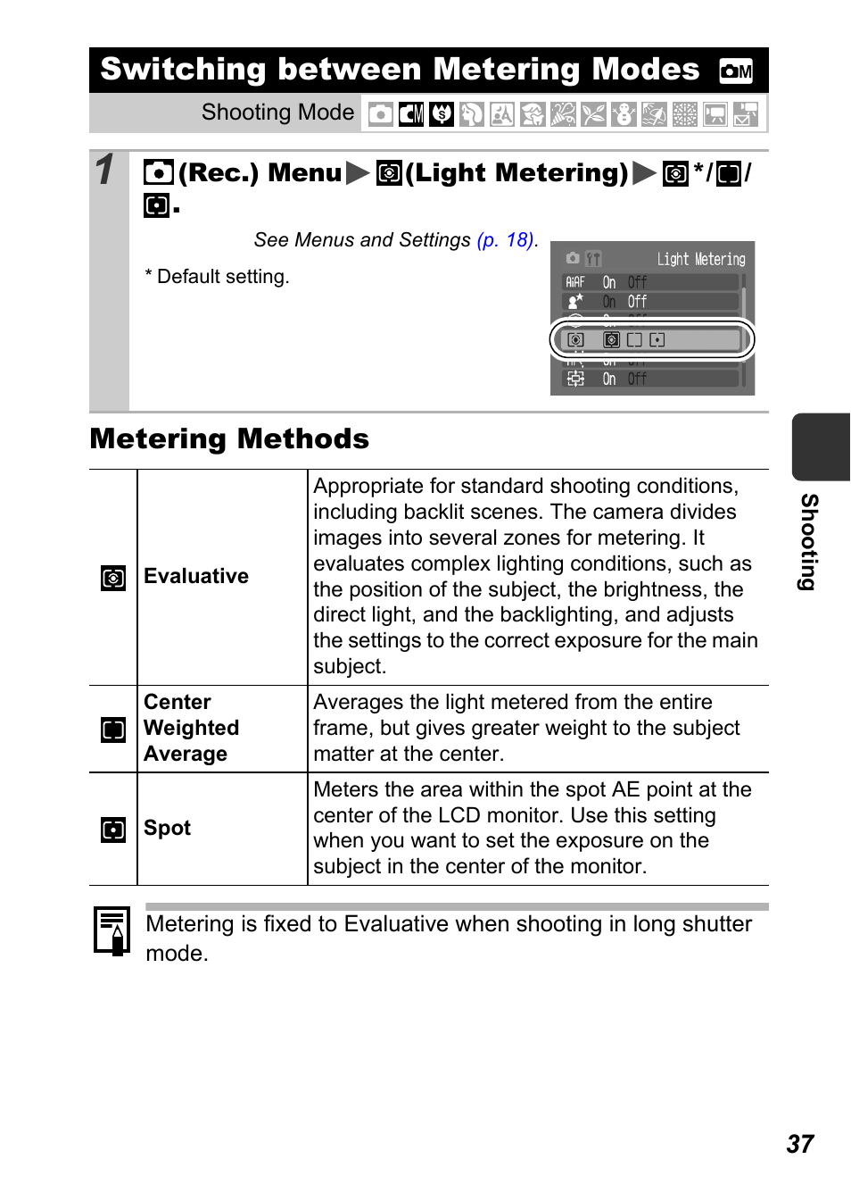 Switching between metering modes, P. 37), P. 37 | Metering methods | Canon A450 User Manual | Page 39 / 112