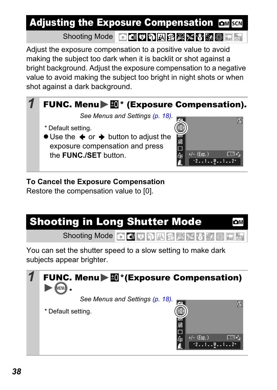 Adjusting the exposure compensation, Shooting in long shutter mode, P. 38) | P. 38 | Canon A450 User Manual | Page 40 / 112