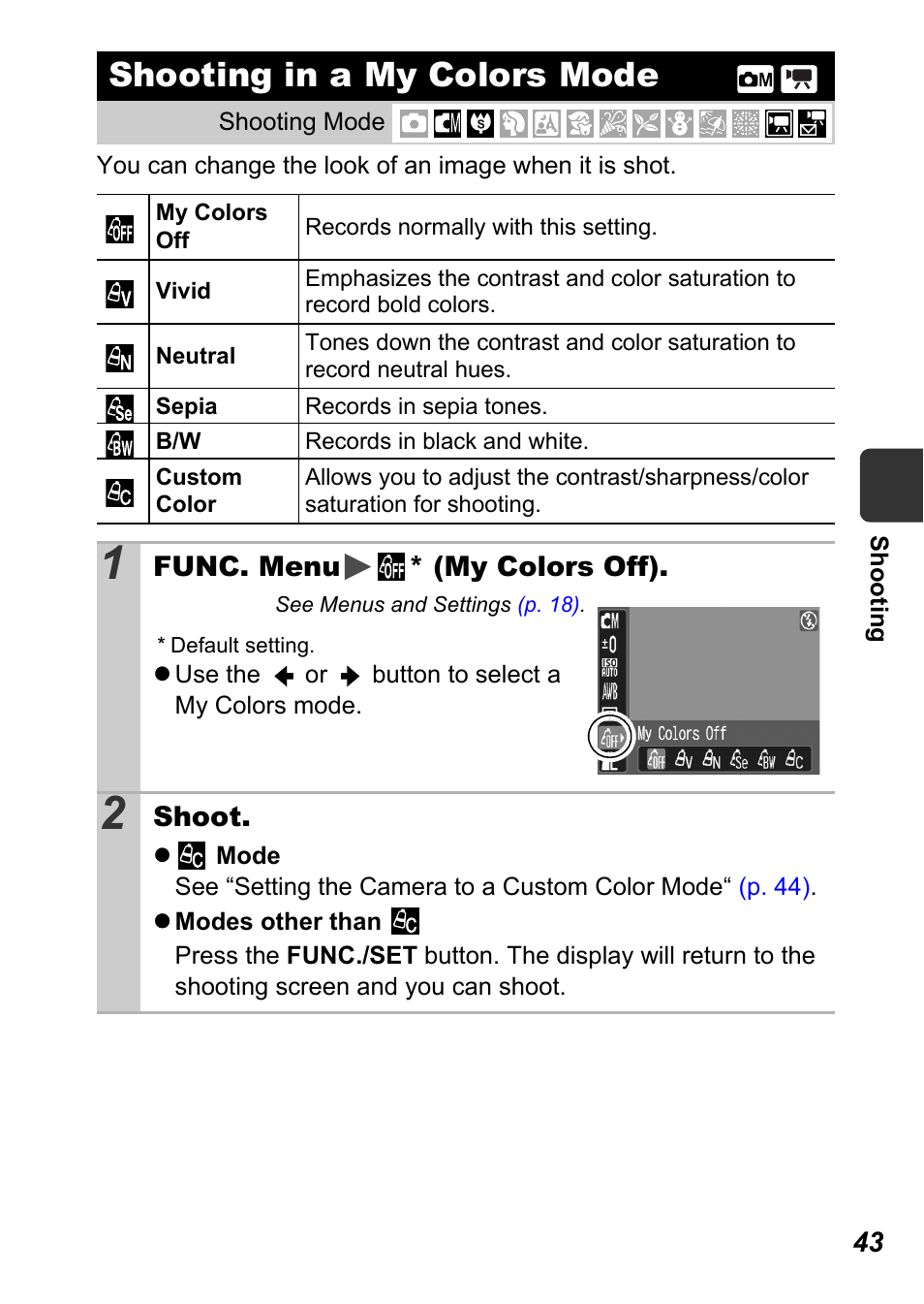 Shooting in a my colors mode, P. 43), P. 43 | Canon A450 User Manual | Page 45 / 112