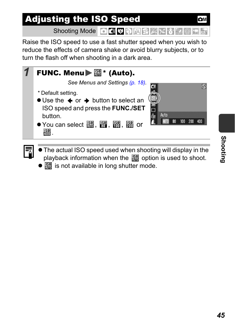 Adjusting the iso speed, P. 45), P. 45 | Canon A450 User Manual | Page 47 / 112