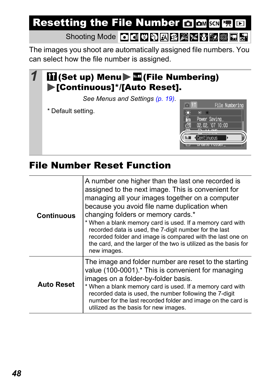 Resetting the file number, P. 48, File number reset function | Canon A450 User Manual | Page 50 / 112