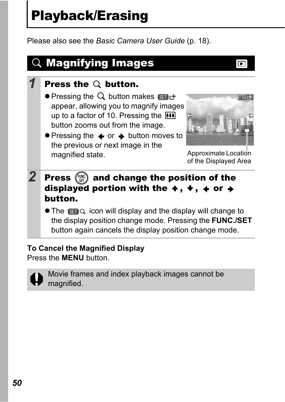 Playback/erasing, Magnifying images | Canon A450 User Manual | Page 52 / 112