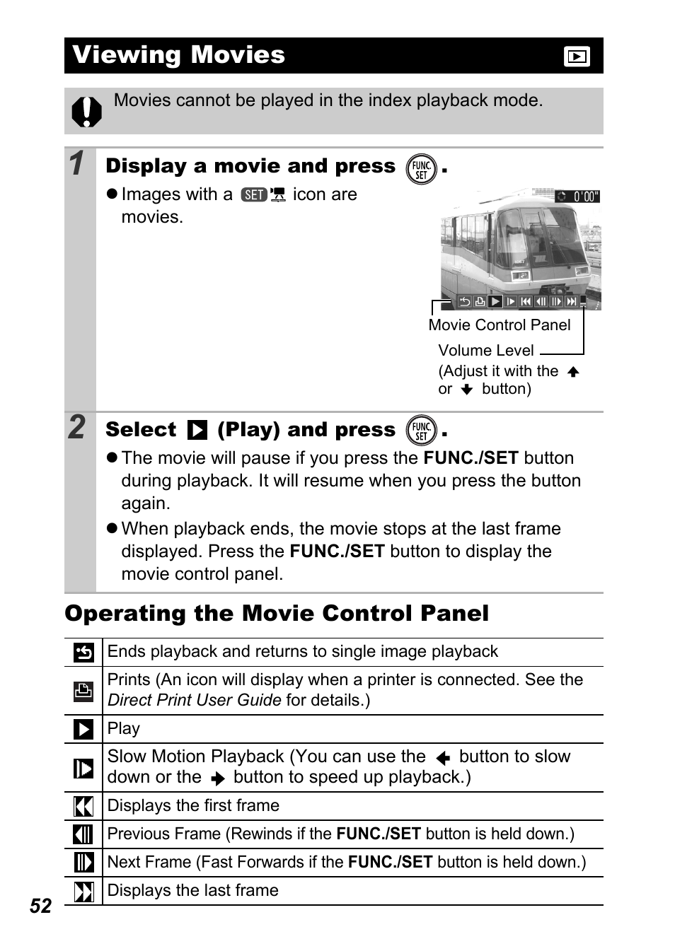 Viewing movies, Operating the movie control panel | Canon A450 User Manual | Page 54 / 112