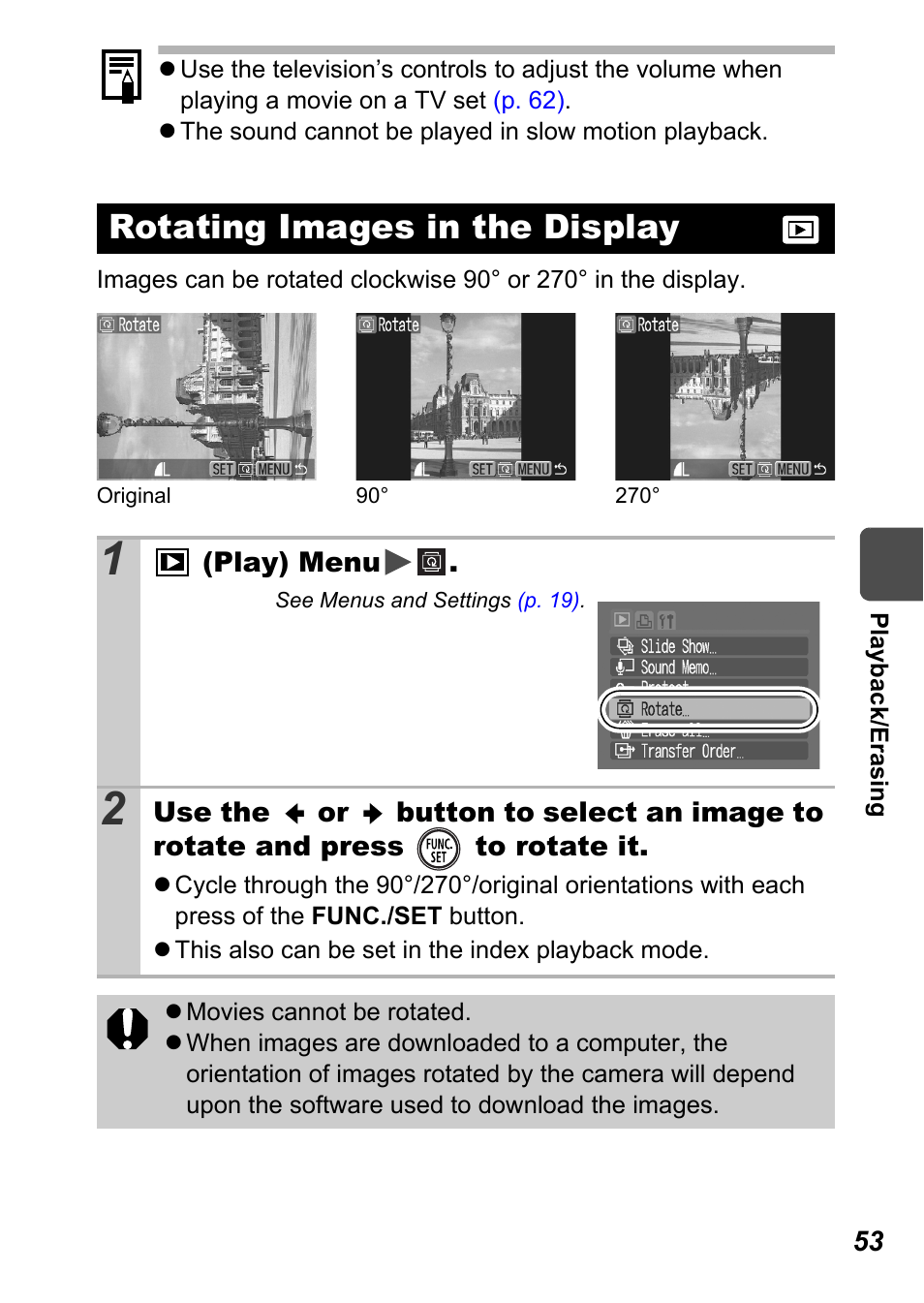 Rotating images in the display, P. 53 | Canon A450 User Manual | Page 55 / 112