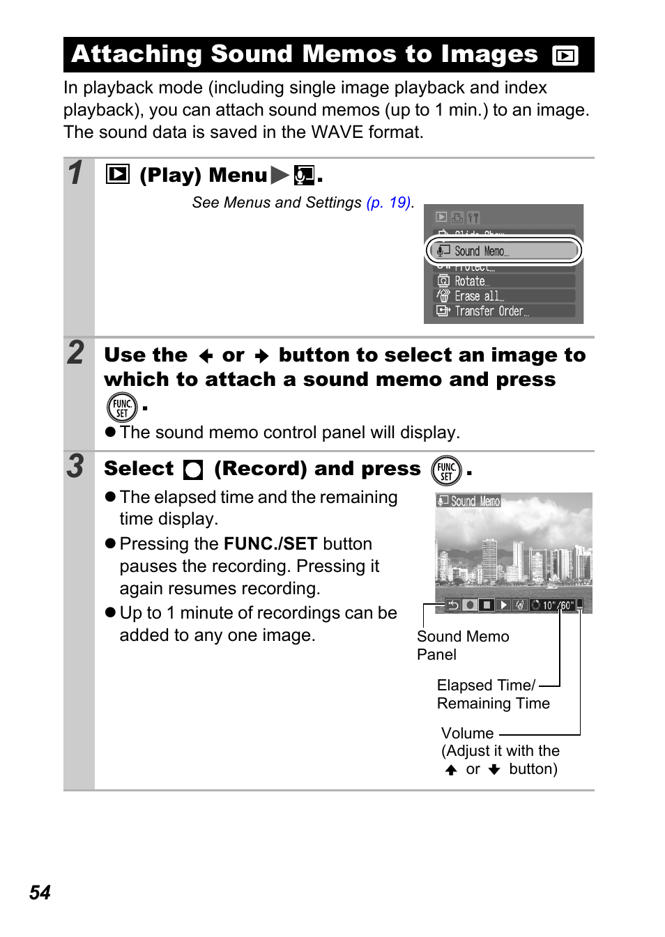 Attaching sound memos to images, P. 54), P. 54 | Canon A450 User Manual | Page 56 / 112