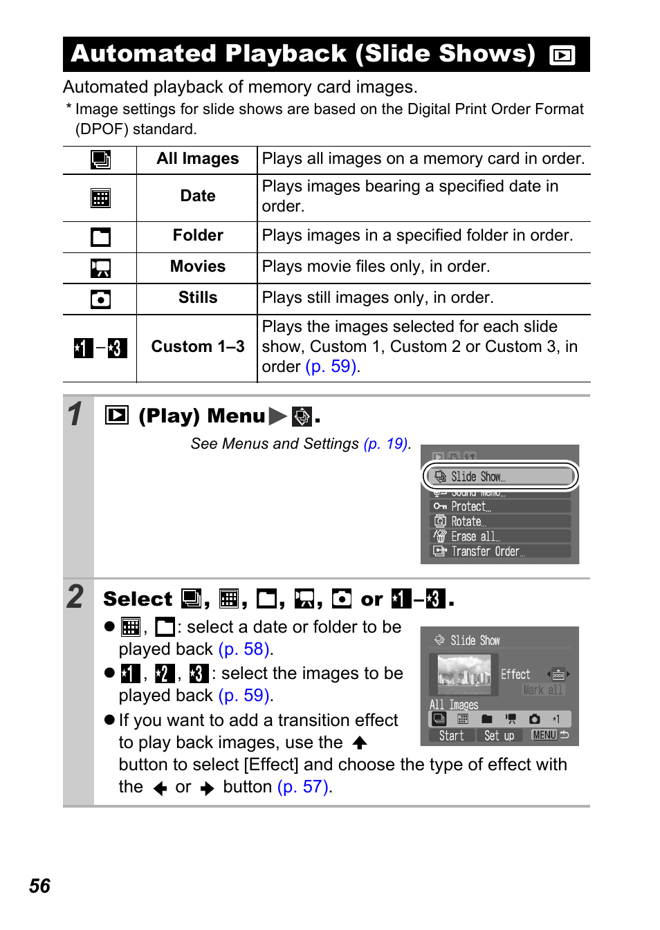 Automated playback (slide shows), P. 56 | Canon A450 User Manual | Page 58 / 112