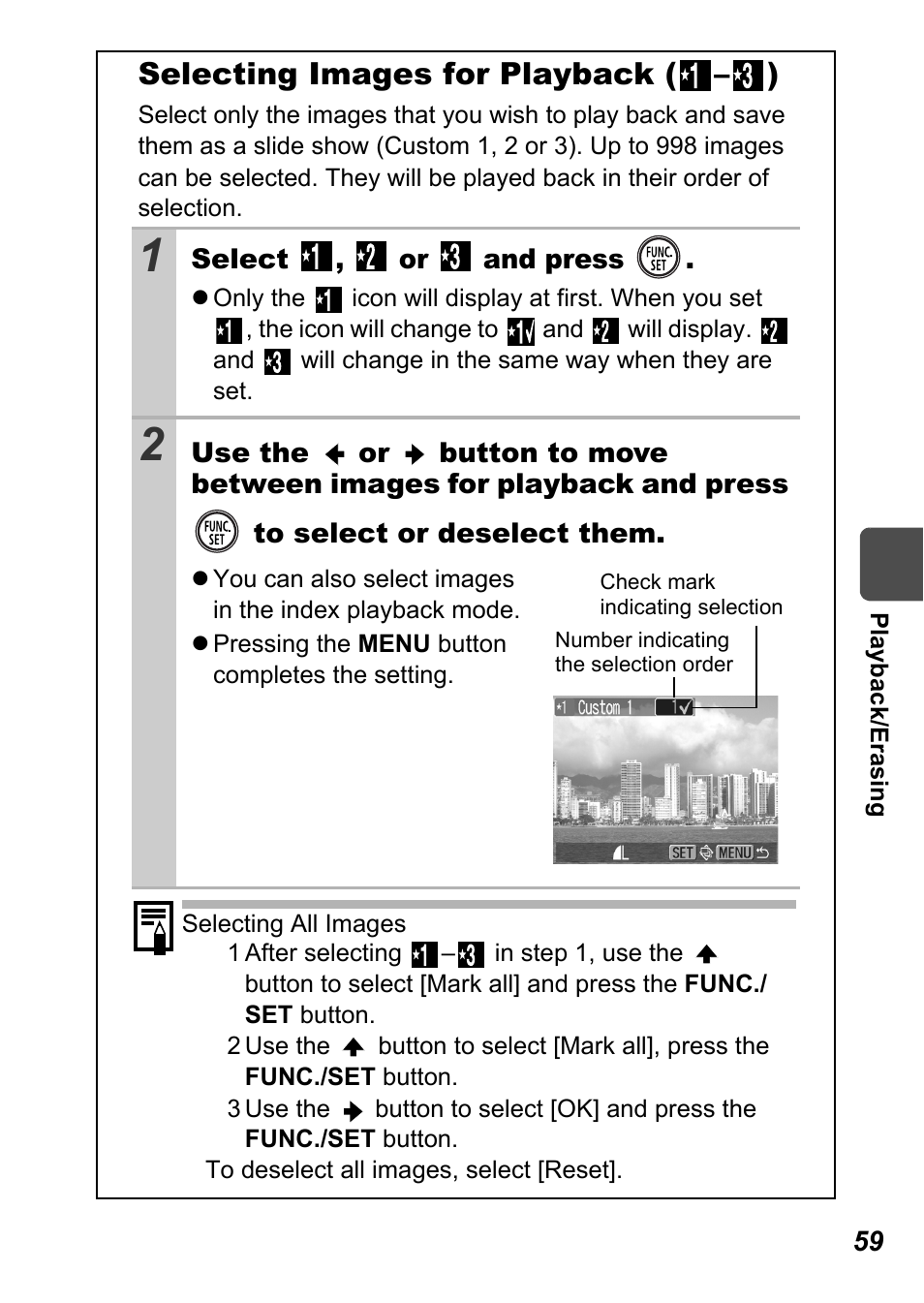 P. 59), Selecting images for playback ( – ) | Canon A450 User Manual | Page 61 / 112