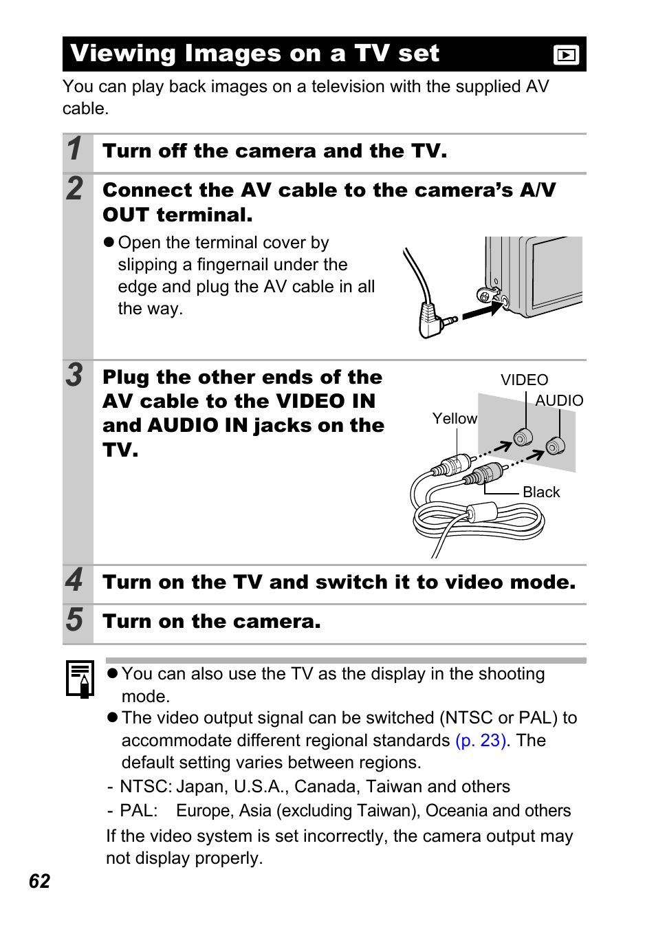 Viewing images on a tv set, P. 62 | Canon A450 User Manual | Page 64 / 112
