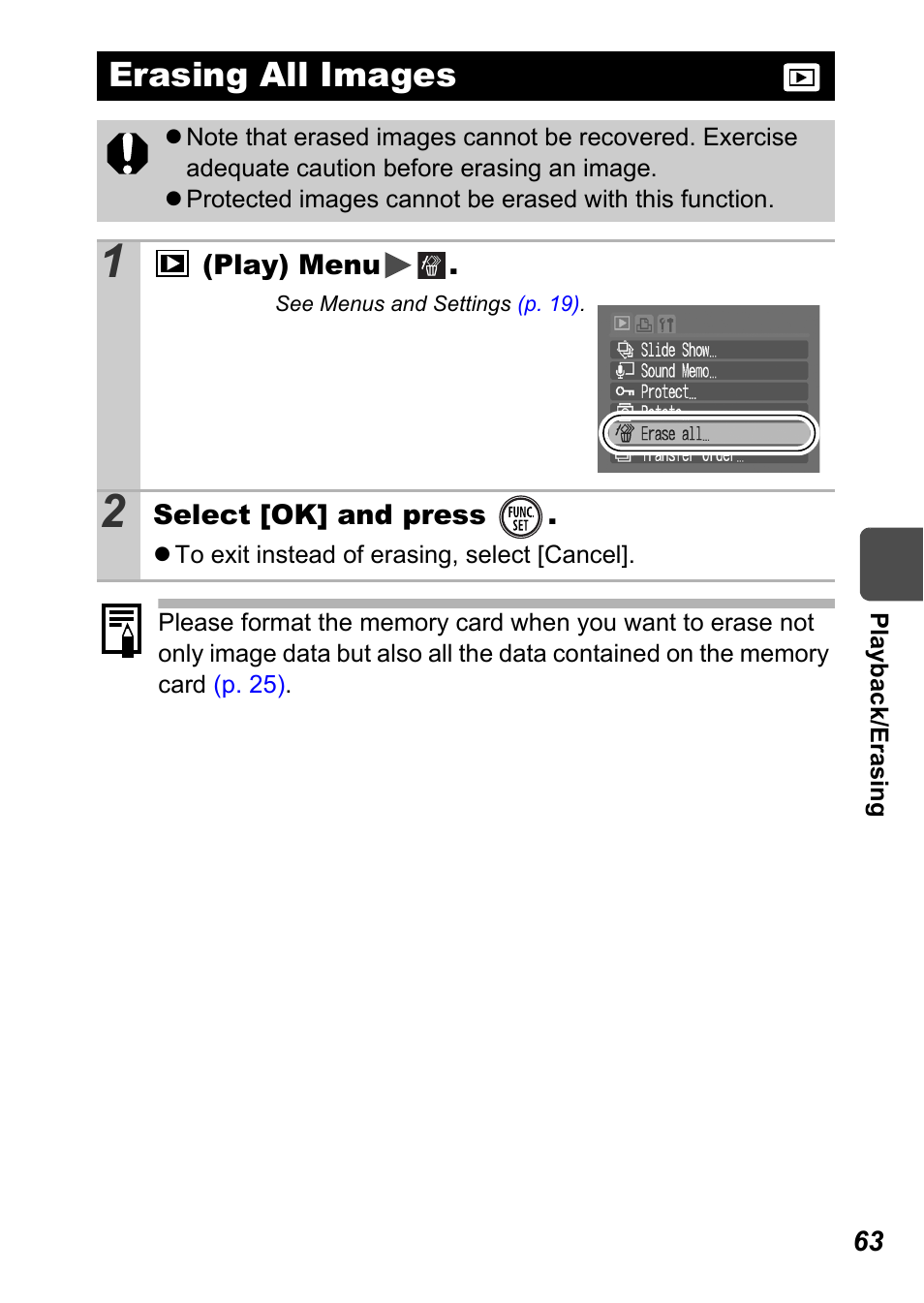 Erasing all images, P. 63 | Canon A450 User Manual | Page 65 / 112