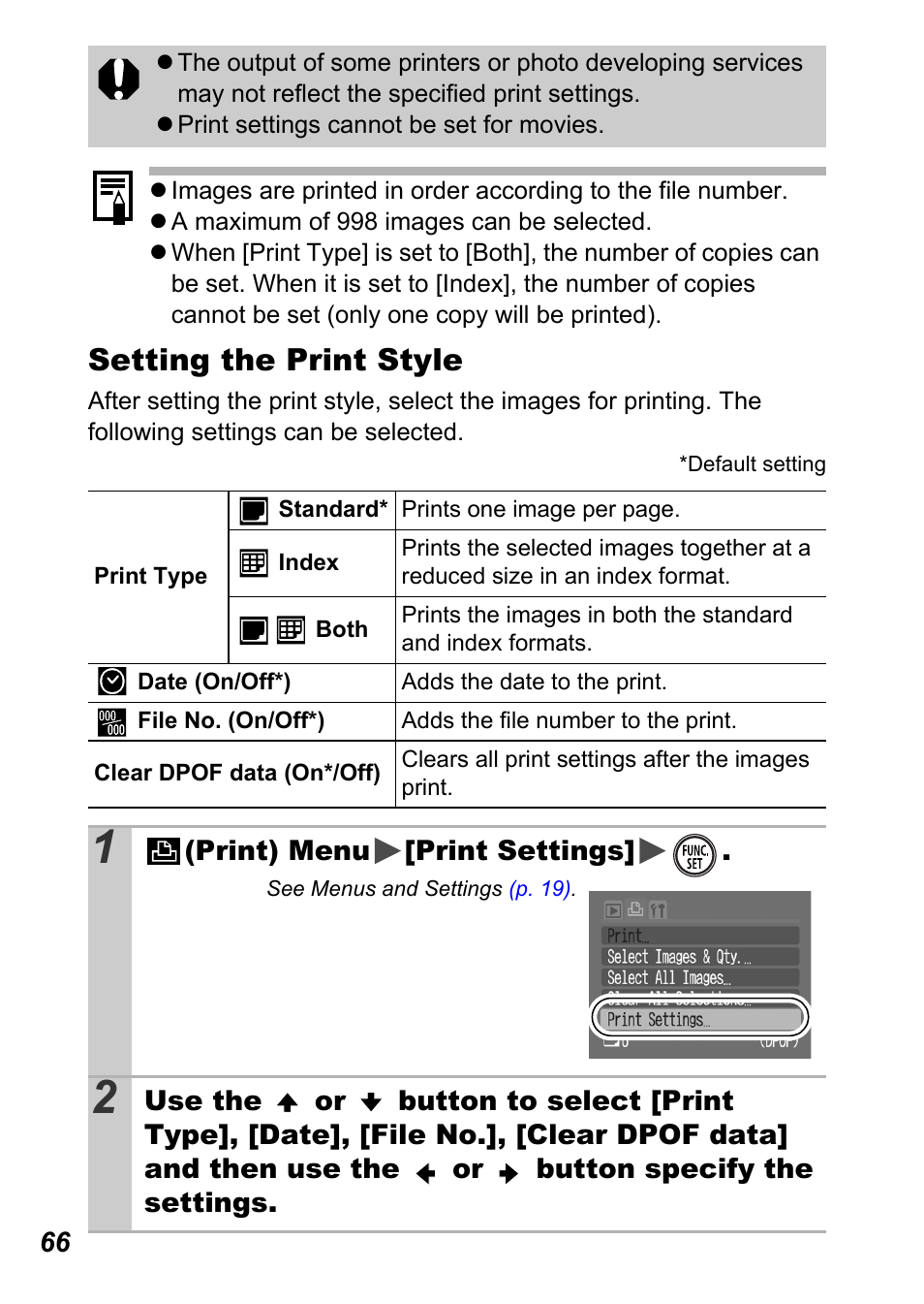 Setting the print style | Canon A450 User Manual | Page 68 / 112