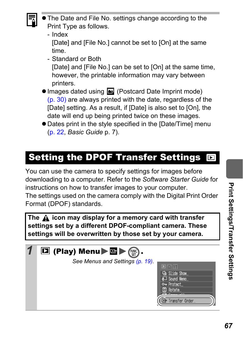 Setting the dpof transfer settings, P. 67 | Canon A450 User Manual | Page 69 / 112