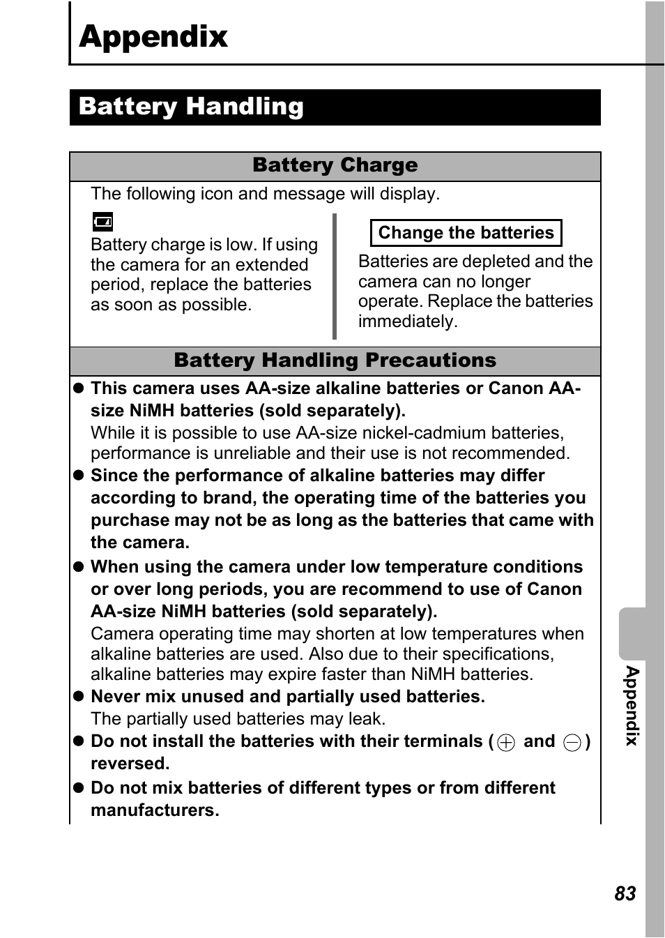 Appendix, Battery handling, P. 83) | Canon A450 User Manual | Page 85 / 112