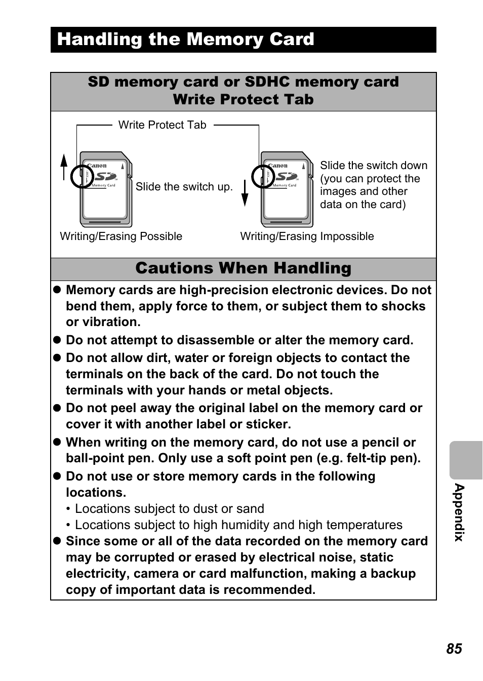 Handling the memory card, P. 85), Cautions when handling | Canon A450 User Manual | Page 87 / 112