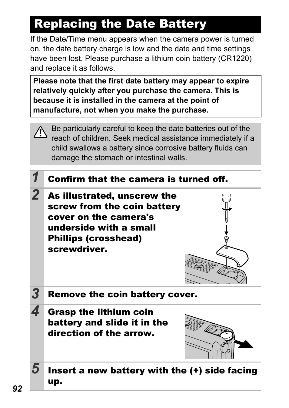 Replacing the date battery, P. 92) | Canon A450 User Manual | Page 94 / 112
