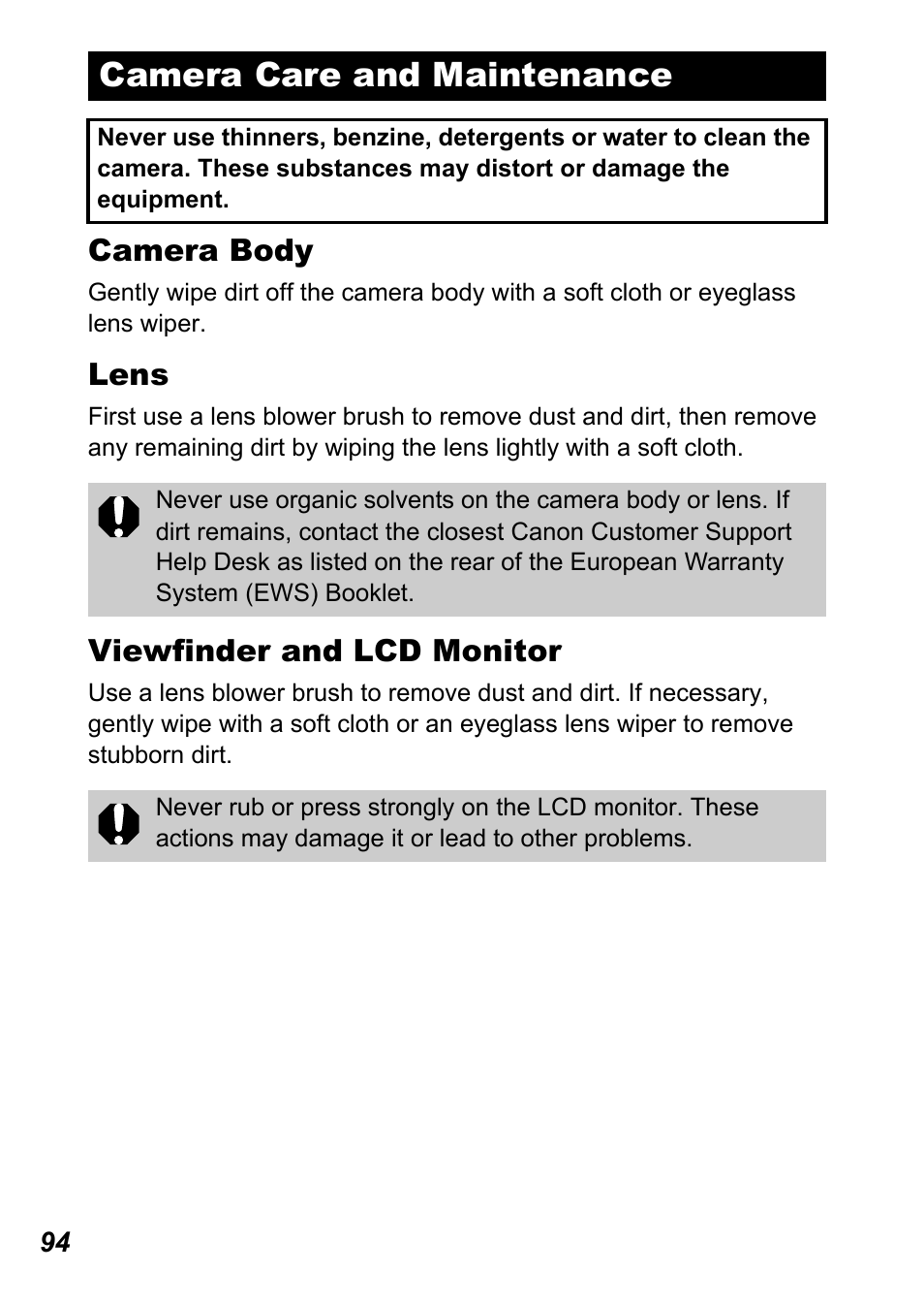 Camera care and maintenance | Canon A450 User Manual | Page 96 / 112