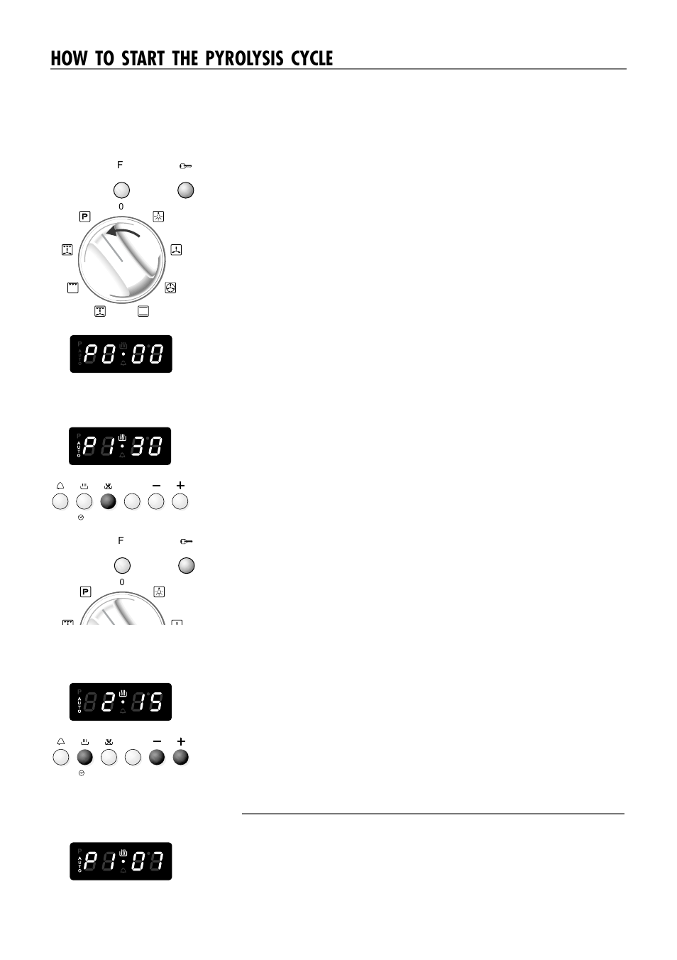 How to start the pyrolysis cycle, P0•00, P1•30 | Auto, Flashing, Flashes and, Disappears | Caple C240SS User Manual | Page 14 / 40