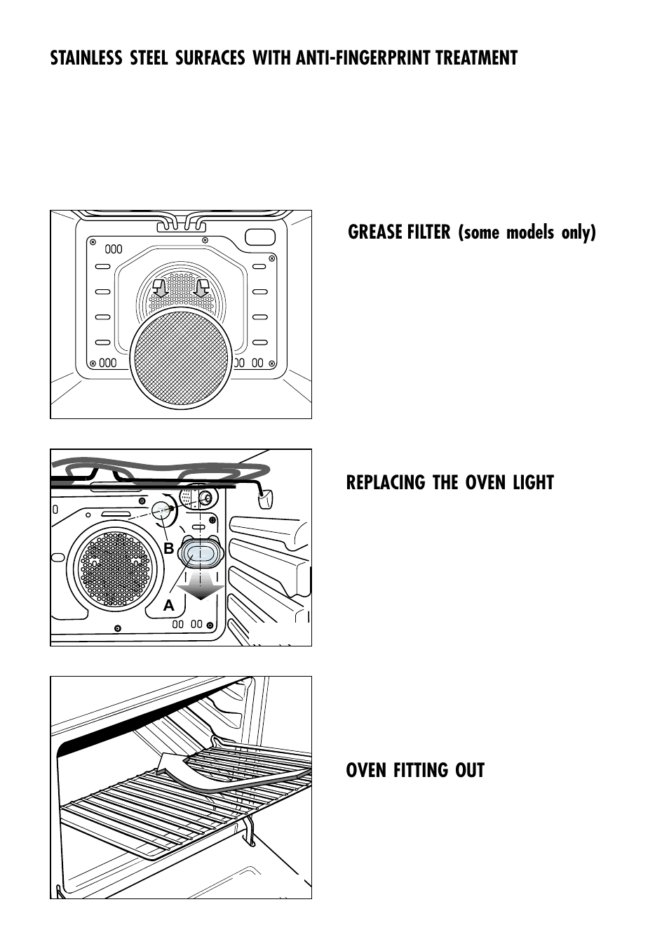 Replacing the oven light, Oven fitting out, Grease filter (some models only) | Caple C240SS User Manual | Page 34 / 40