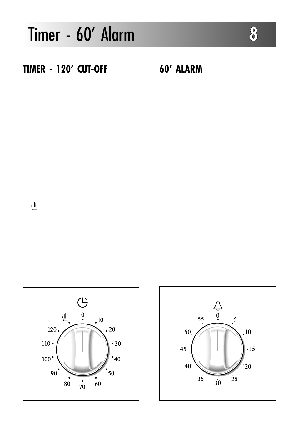 Timer - 60’ alarm 88, 60’ alarm, Timer - 120’ cut-off | Caple C270GSS User Manual | Page 19 / 32