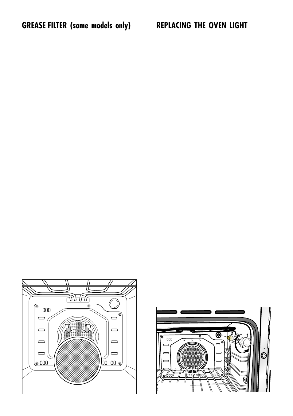 Replacing the oven light, Grease filter (some models only) | Caple C270GSS User Manual | Page 24 / 32