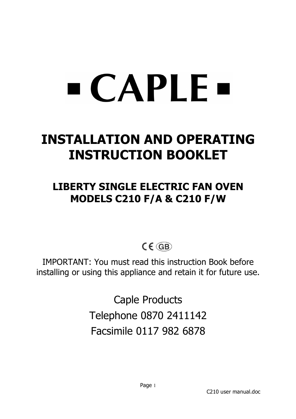 Caple C210 User Manual | 14 pages