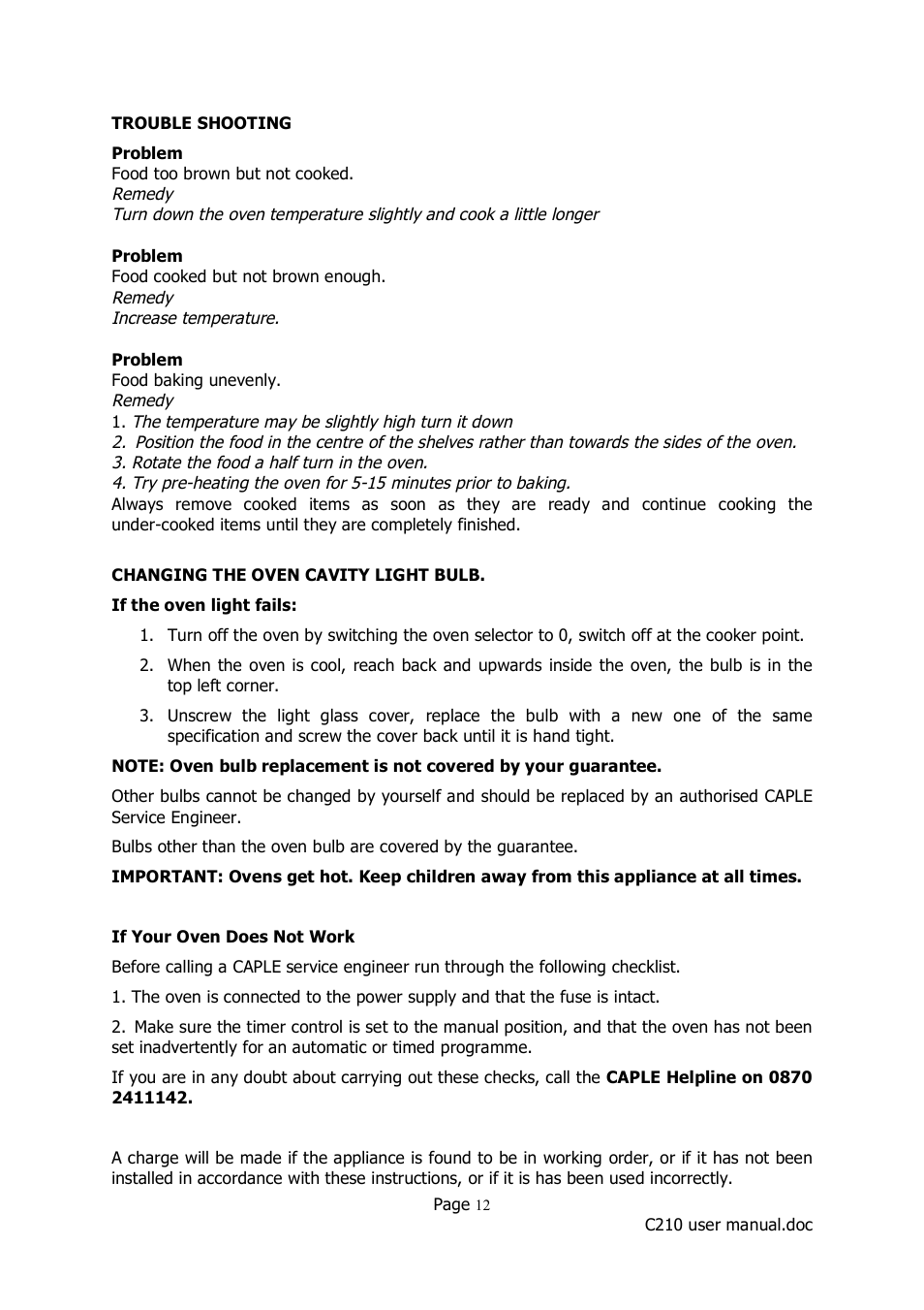 Caple C210 User Manual | Page 12 / 14